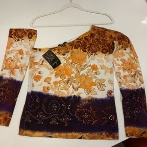 “Faust”  Floral One-Shoulder Top in Gold, White & Purple. Made in France
